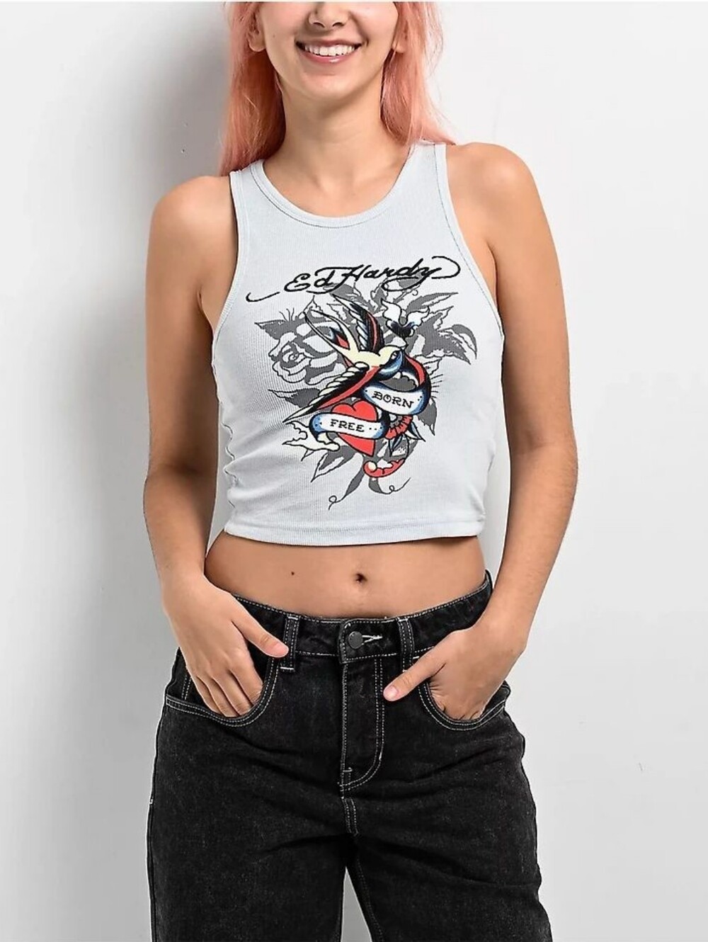 Ed Hardy Light Blue Ribbed Cropped Tank with Tattoo Graphic
